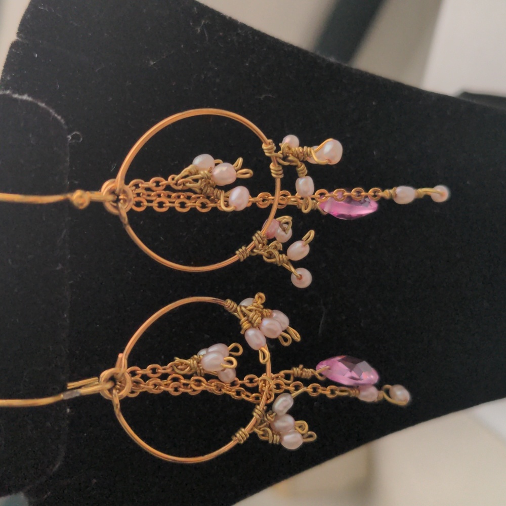 New Pink Sapphire & Pearl Earrings. Gold, Drop, Dangle, Dainty, 2+ Inches, Boxed